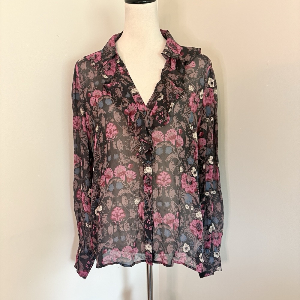 Paige Jodelle Silk Blouse Black Floral Ruffle V-Neck Sheer Top Shirt Medium M